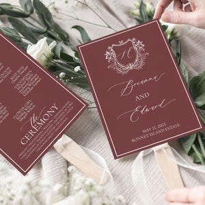 Maroon Wedding Program Fans, Printed, Includes Wooden Sticks, Maroon Wedding Program Fans, Wedding Fan, Simple Wedding Wreath Ceremony Fans