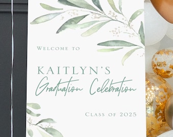 Greenery Graduation Party Welcome Sign, Digital File, Grad Party Sign, Graduation Decoration, Graduation Banner, Eucalyptus, Botanicals,