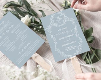 Dusty Blue Wedding Program Fans Monogram Initial - Light Blue Wedding Program Fans - Printed Ceremony Fan - Blue White Ink - Assembled