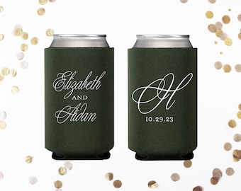 Elegant last name wedding can cooler, formal wedding favor, new last name, classy wedding favor, classy can insulator, drink holder