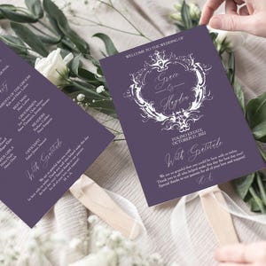 Purple Wedding Program Fans with Wooden Sticks, Dark Plum Purple Wedding Programs, Purple Decor, Printed Fans, Includes Sticks, Assembled