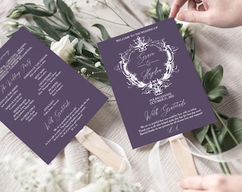 Purple Wedding Program Fans with Wooden Sticks, Dark Plum Purple Wedding Programs, Purple Decor, Printed Fans, Includes Sticks, Assembled