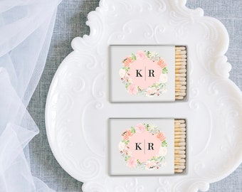 Matchboxes With Floral Design Personalized with Names and Date, watercolor floral monogram for wedding matches, wedding favors