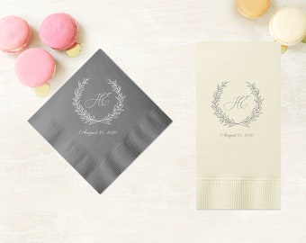 Wreath Wedding Napkins, Personalized Eucalyptus Initial Cocktail Napkins, Line Art, Beverage or Luncheon, White or Ecru, Lots of foil colors