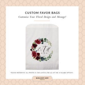 Wedding Favor Bags, Personalized Thank You Paper Bags, Treat Bag, Candy Bar Bag, Goodie Bags, Burgundy Wreath
