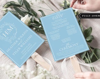 Light Blue Wreath Wedding Program Fans Wreath Monogram Initial - Wedding Program Fans - Printed Ceremony Fan - Custom Program