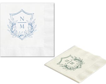Floral Crest Custom Wedding Napkins, Personalized Modern Full Color Printed Napkin, Vow Renewal, Anniversary, Rehearsal Dinner, Engagement
