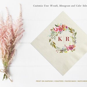 Blush Floral Personalized Wedding Cocktail Napkins, Quinceañera, Birthday, Baby Shower, Custom Personalized Floral Beverage Luncheon Napkins