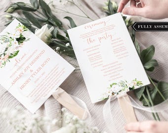 Peonies Wedding Program Fans - Assembled Watercolor Blush Pink Peonies Wedding Fans - Editable Floral Program Fans - Choose fonts & colors