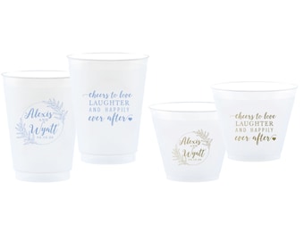 Wreath Monogram Frost-Flex Cups, Personalized Shatterproof Wedding Cups, “Cheers to Love & Laughter”, Two-Sided, Multiple Sizes