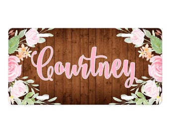 Personalized Preppy Front License Plate Car Tag for Women - Pink Flowers