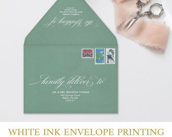 A7 Euro Flap Envelopes and Printing, Wedding Envelopes, Printed Guest & Return Address Envelope Calligraphy, White Ink, Color Envelopes