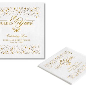 Shimmering 50th Golden Years Digital Napkin - Beverage, Full Color Cocktail Napkins, Personalized Napkin, Anniversary Napkins, 3-Ply Napkins