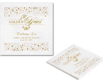 Shimmering 50th Golden Years Digital Napkin - Beverage, Full Color Cocktail Napkins, Personalized Napkin, Anniversary Napkins, 3-Ply Napkins