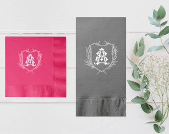 Custom Floral Crest Cocktail Napkins - Wedding Napkins, Wedding Decor, Engagement Party, Bridal Shower, Foil Stamped, Personalized Napkins