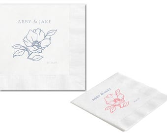 Personalized Napkins Wedding Napkins Custom Magnolia Floral Wedding Beverage Cocktail Luncheon Bridal Shower Napkin