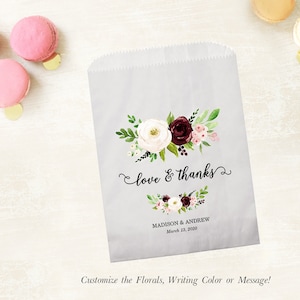 Love and Thanks Set of 25 Personalized Burgundy Wedding Favor Treat Bags - Candy Buffet, Donuts, Cookies - Wedding, Bridal, Baby Shower