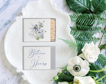 Dusty Blue Wedding Matches, Custom Wedding Favor, Light blue watercolor Bouquet Monogram Matchboxes, Wedding Matches