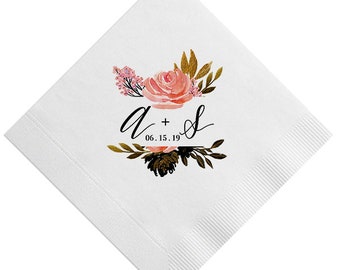 Custom Floral Monogram & Bouquet Napkins, Personalized with initials, Housewarming Gift, Wedding, Shower, Floral Initials, Flower 334