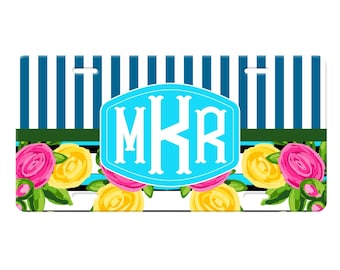 Personalized Preppy Front License Plate Car Tag for Women - Pink Yellow Flowers