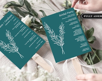 Emerald Green Wedding Program Fans Monogram - botanical Wedding Program Fans - Printed Ceremony Fan - Green Cardstock White Ink - Assembled