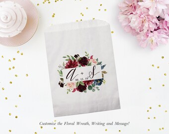 Set of 25 Personalized Custom Monogram Crest Floral Greenery Wedding Favor Treat Bags - Candy, Donuts, Cookies, Popcorn - Wedding, Bridal