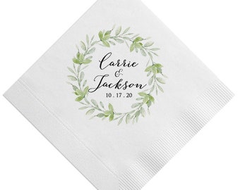 Fall Wedding Reception Cocktail Napkins | Colorful Fall Leaves Swag Design With Personalized Name And Date Lines