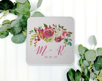 Personalized Wedding Coasters, Red Floral Wedding Coaster, Wedding Favors, Reception Table Setting Decor, Rehearsal Dinner Gifts