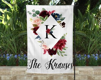 Personalized Welcome Garden Flag, Custom Farmhouse Garden Flag, Garden Name Flag with Florals, Floral Monogram Flag, Yard Flag