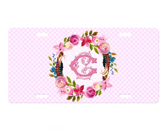 Personalized Name Front License Plate Car Tag for Women, Floral Wreath design with name or monogram, Boho Floral