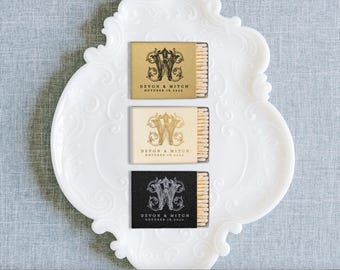 Fancy Monogram Wedding Matchboxes, Personalized Match Favors with Script Names, Printed Boxes (gold, silver, black, ivory)