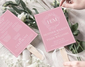 Pink Wedding Program Fans Wreath Monogram Initial - Light Blush Wedding Program Fans - Printed Ceremony Fan - Pink  / White Ink