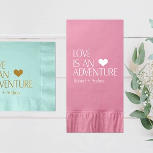 Adventure Personalized Wedding Napkins, Rehearsal Dinner, Engagement Party, Custom Bar Napkins, Custom Wedding Napkins