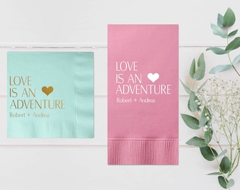 Adventure Personalized Wedding Napkins, Rehearsal Dinner, Engagement Party, Custom Bar Napkins, Custom Wedding Napkins