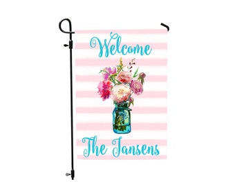 Welcome Garden Flag, Custom Spring Floral, Mason Jar Personalized Garden Flag, Blue Jar, Custom Name Garden Flag, Spring Yard Flag Custom