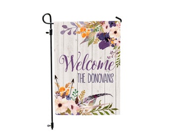 Personalized Garden Flag with Boho Floral Wreath over Grey Wood Background, Custom Name Yard Flag, Garden Flag Personalized,12x18 inches