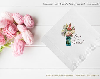 Mason Jar Floral Wedding Napkins | Bridal Shower Napkins | Rehearsal Dinner | Full Color Napkin | Blush Pink Napkins