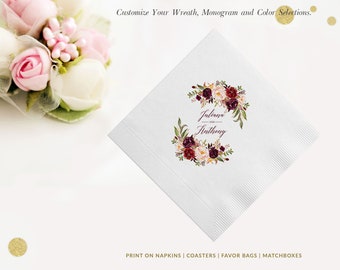 Mongrammed Eucalyptus Napkins, Botanical Custom Foliage Wedding Napkins, Leaf Cocktail Napkins, Personalized Monogram Reception Napkins,