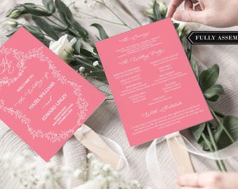 Wedding Program Fans Monogram Initial - Garden Wedding - Coral Wedding Program Fans - Printed Ceremony Fan - Coral White Ink - Assembled