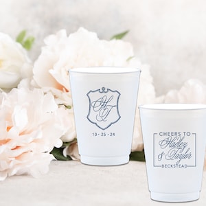 Traditional Couple&#39;s Monogram Shatterproof Cups, Personalized Wedding Cup, Custom Rehearsal Dinner, Customizable Engagement Party Plastic
