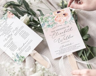 Blush Floral Wedding Program Fan, Printable Program Fan Template, Assembled Wedding Fan, Ceremony Fan, Calligraphy, Watercolor Flowers
