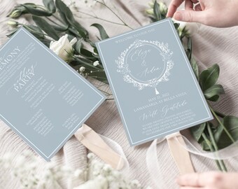 Dusty Blue Wedding Fan Program, Dusty Blue Ceremony Program, Dusty Blue Crest, Assembled Fan Program Wedding, Wedding Programs, Navy