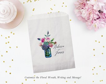 Mason Jar Personalized Wedding Candy Buffet Treat Bags - Favor Bags with Heart, Names and Date - Custom Kraft or White Paper Bags