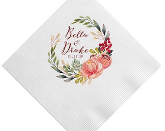 Personalized Floral Cocktail Napkins, Burgundy Navy Marsala Blush Floral Wedding Napkins, Beverage, Luncheon Napkins, Quinceañera,