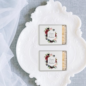 Matchboxes With Floral Design Personalized with Names and Date, watercolor floral monogram for wedding matches, wedding favors