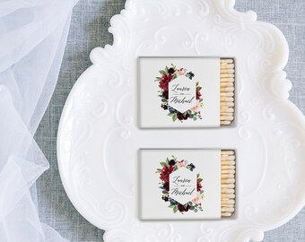 Matchboxes With Floral Design Personalized with Names and Date, watercolor floral monogram for wedding matches, wedding favors