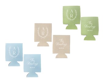 Last Name Wedding Can Holder - Wedding Can Cooler, Wedding Favors, Beverage Insulators, Beer Huggers, Wedding Favor, Beer Holder Light Blue