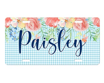 Floral Blue Yellow Pink Custom Monogram License Plate, Car Tag, License Frame, Personalized Front License Plate, Car Coasters