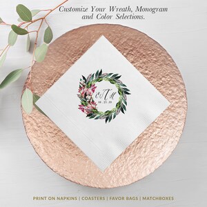 Monogram Wreath Personalized Wedding Napkins, Rehearsal Dinner, Engagement Party, Custom Bar Napkins, Custom Wedding Napkins