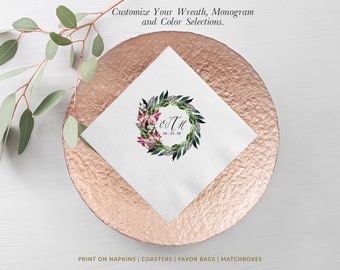 Monogram Wreath Personalized Wedding Napkins, Rehearsal Dinner, Engagement Party, Custom Bar Napkins, Custom Wedding Napkins